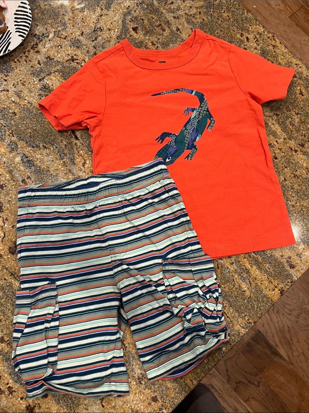 Tea Collection Orange Crocodile Tee and Striped Shorts Pajama Set
